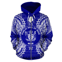 Niue Polynesian All Over Zip up Hoodie Map Blue - Polynesian Pride