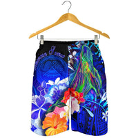 American Samoa Polynesian Men's Shorts - Humpback Whale with Tropical Flowers (Blue) - Polynesian Pride