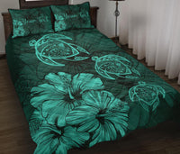 Personalized - Hawaii Map Turtles Hibiscus Quilt Bed Set - Turquoise - Polynesian Pride