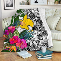 Papua New Guinea Custom Personalised Premium Blanket White - Turtle Plumeria Banana Leaf - Polynesian Pride