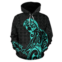 Polynesian Kakau Helmet Weapon Turquoise Kanaka Warrior Hoodie - Polynesian Pride
