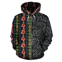 Hawaii Zip up Hoodie Hibiscus Flower Pineapple Polynesian Tattoo Half - Polynesian Pride