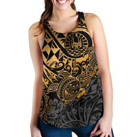 Tahiti Polynesian Women Racerback Tank - Gold Turtle Hibiscus Flowing - Polynesian Pride