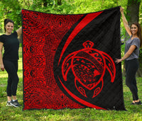 Hawaii Turtle Map Polynesian Premium Quilt - Red - Circle Style Red - Polynesian Pride