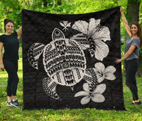 Hawaiian Kanaka Hibiscus Plumeria Mix Polynesian Turtle Premium Quilt Gray AH Gray - Polynesian Pride
