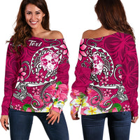 Tonga Custom Personalised Women's Off Shoulder Sweater - Turtle Plumeria (Pink) - Polynesian Pride
