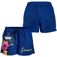 Samoa Polynesian Women's Short - Floral With Seal Blue - Polynesian Pride