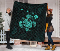 Hawaii Turtle Hibicus Map Premium Quilt - Turquoise - Polynesian Pride