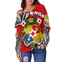 (Custom Personalised) Tonga Rugby Women Off Shoulder Sweater Polynesian Style Pinwheel - Custom Text and Number - Polynesian Pride