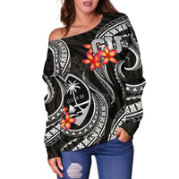 Guam Polynesian Women Off Shoulder Sweater - Black Plumeria - Polynesian Pride