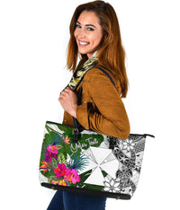 Wallis And Futuna Custom Personalised Large Leather Tote White - Turtle Plumeria Banana Leaf - Polynesian Pride