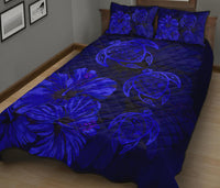 Hawaiian Map Turtle Hibiscus Vintage Polynesian Quilt Bedding Set Blue - Polynesian Pride