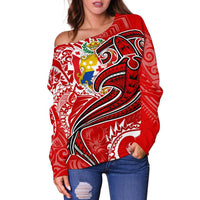 Tonga Women's Off Shoulder Sweater - Red Shark Polynesian Tattoo - Polynesian Pride