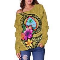 Guam Polynesian Women's Off Shoulder Sweater - Floral With Seal Gold - Polynesian Pride