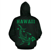 Polynesian Kakau Hammerhead Shark Map of Hawaii Hoodie Green - Polynesian Pride