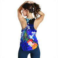 Pohnpei Women's Racerback Tank - Humpback Whale with Tropical Flowers (Blue) - Polynesian Pride