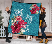 Hawaii Turtle Hibiscus Plumeria Blue Polynesian - Premium Quilt AH - Polynesian Pride