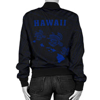 Hawaii Kakau Polynesian Three Turtles Map Women's Bomber Jacket - Blue - Polynesian Pride