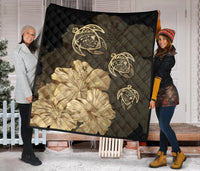Hawaiian Map Turtle Hibiscus Vintage Polynesian Premium Quilt Gold - Polynesian Pride