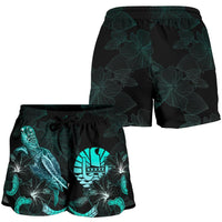 Tahiti Polynesian Women's Shorts - Turtle With Blooming Hibiscus Turquoise - Polynesian Pride