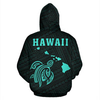 Polynesian Kakau Turtle Map of Hawaii Zip Hoodie Turquoise - Polynesian Pride