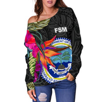 Federated States of Micronesia Women's Off Shoulder Sweater - Polynesian Hibiscus Pattern - Polynesian Pride