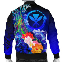 Polynesian Hawaii Men's Bomber Jacket - Kanaka Maoli Humpback Whale with Tropical Flowers (Blue) - Polynesian Pride