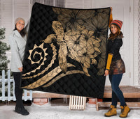 Hawaii Turtle Hibiscus Polynesian Vintage Premium Quilt - Gold - Polynesian Pride