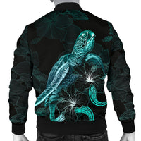 Cook Islands Polynesian Men's Bomber Jacket - Turtle With Blooming Hibiscus Turquoise - Polynesian Pride