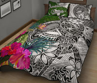 American Samoa Quilt Bed Set White - Turtle Plumeria Banana Leaf - Polynesian Pride