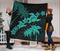 Hawaii Turtle Plumeria Coconut Tree Polynesian Premium Quilt - Turquoise - Polynesian Pride