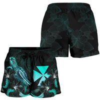 Wallis and Futuna Polynesian Women's Shorts - Turtle With Blooming Hibiscus Turquoise - Polynesian Pride