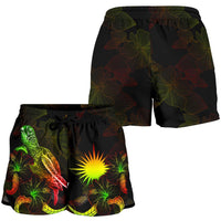 Marshall Islands Polynesian Women's Shorts - Turtle With Blooming Hibiscus Reggae - Polynesian Pride
