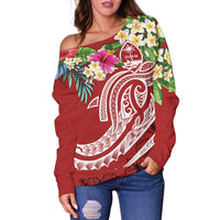 Guam Polynesian Women's Off Shoulder Sweater - Summer Plumeria (Black) - Polynesian Pride