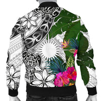 Marshall Islands Men's Bomber Jacket White - Turtle Plumeria Banana Leaf - Polynesian Pride
