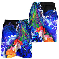 American Samoa Polynesian Men's Shorts - Humpback Whale with Tropical Flowers (Blue) - Polynesian Pride