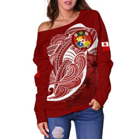 Tonga Women'S Off Shoulder Sweater Shark Coat Of Arms - Polynesian Pride