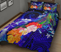 Chuuk Quilt Bed Set - Humpback Whale with Tropical Flowers (Blue) - Polynesian Pride