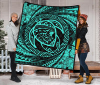 Hawaiian Kanaka Honu Hibiscus Tornando Turquoise Polynesian Premium Quilt - Polynesian Pride