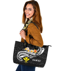 Hawaii Leather Tote Bag - Kanaka Maoli Polynesian Patterns Plumeria (Black) - Polynesian Pride