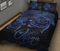 Hawaii Turtle Ohana Hibiscus Poly Quilt Bed Set Blue - Polynesian Pride