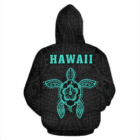 Polynesian Kakau Hula Girl Turtle Hibiscus Hawaii Zip Hoodie Turquoise - Polynesian Pride