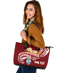 Guam Personalised Large Leather Tote Bag - Guam Seal Polynesian Patterns Plumeria (Red) - Polynesian Pride