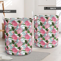 Pink Monstera And Green Tropical Leaves White Hawaii Laundry Basket AH - Polynesian Pride