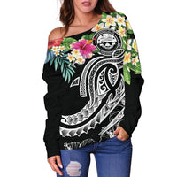 FSM Polynesian Women's Off Shoulder Sweater - Summer Plumeria (Black) - Polynesian Pride
