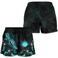 Marshall Islands Polynesian Women's Shorts - Turtle With Blooming Hibiscus Turquoise - Polynesian Pride