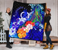 Vanuatu Premium Quilt - Humpback Whale with Tropical Flowers (Blue) - Polynesian Pride