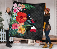 Hawaii Premium Quilt - Hawaii Map Hibiscus Quilt - Polynesian Pride