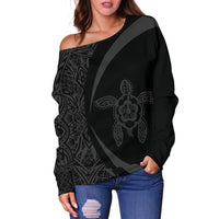 Hawaii Turtle Polynesian Women's Off Shoulder Sweater - Circle Style - AH - Black - Polynesian Pride