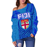 Blue Women Off Shoulder Sweater Fiji Rugby Polynesian Waves Style - Polynesian Pride